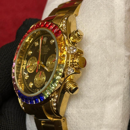 RLX Luxury Rainbow Bezel Chronograph Watch – Gold Finish | Premium Diamond-Look Detailing | Sport Edition