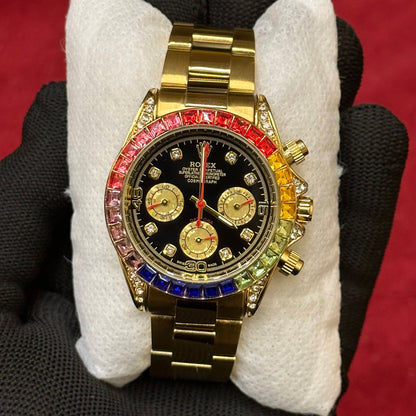 RLX Luxury Rainbow Bezel Chronograph Watch – Gold Finish | Premium Diamond-Look Detailing | Sport Edition