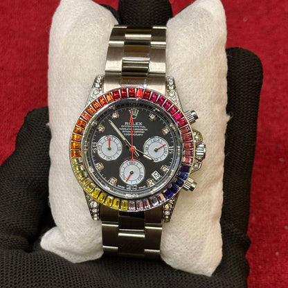 RLX Luxury Rainbow Bezel Chronograph Watch – Stainless Steel | Multi-Color Gem Look | Premium Sports Design