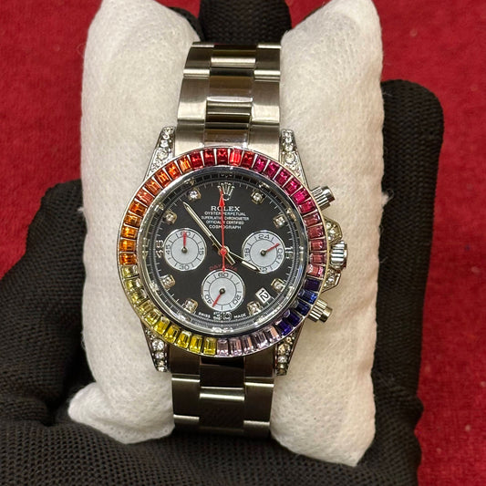 RLX Luxury Rainbow Bezel Chronograph Watch – Stainless Steel | Multi-Color Gem Look | Premium Sports Design