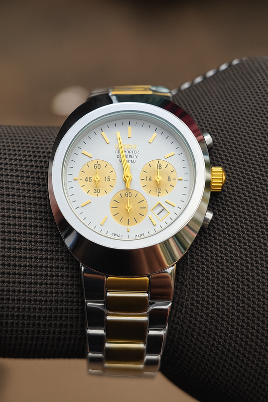 BASILES Luxury Two-Tone Chronograph Watch – Gold & Silver Stainless Steel | White Dial