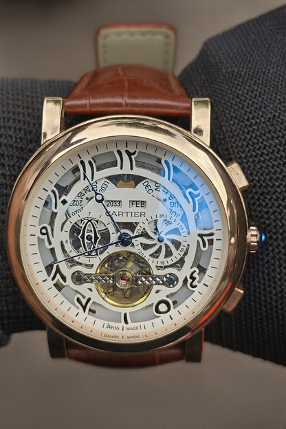Cartier Luxury Skeleton Dial Mechanical Watch – Gold Case & Brown Leather Strap