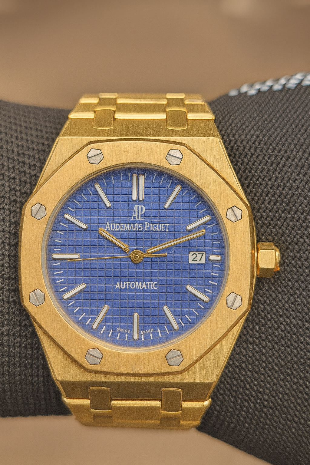 Audemars Piguet Luxury Gold Automatic Watch – Blue Textured Dial | Premium Stainless Steel