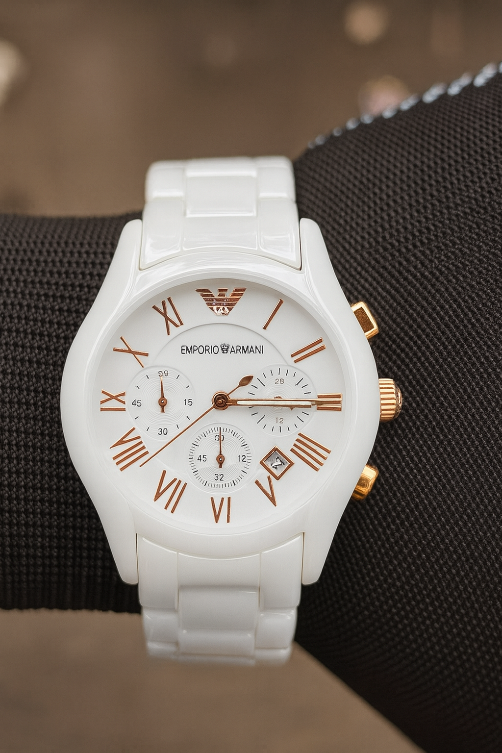 Armani Luxury White Ceramic Chronograph Watch – Rose Gold Accents | Premium Design