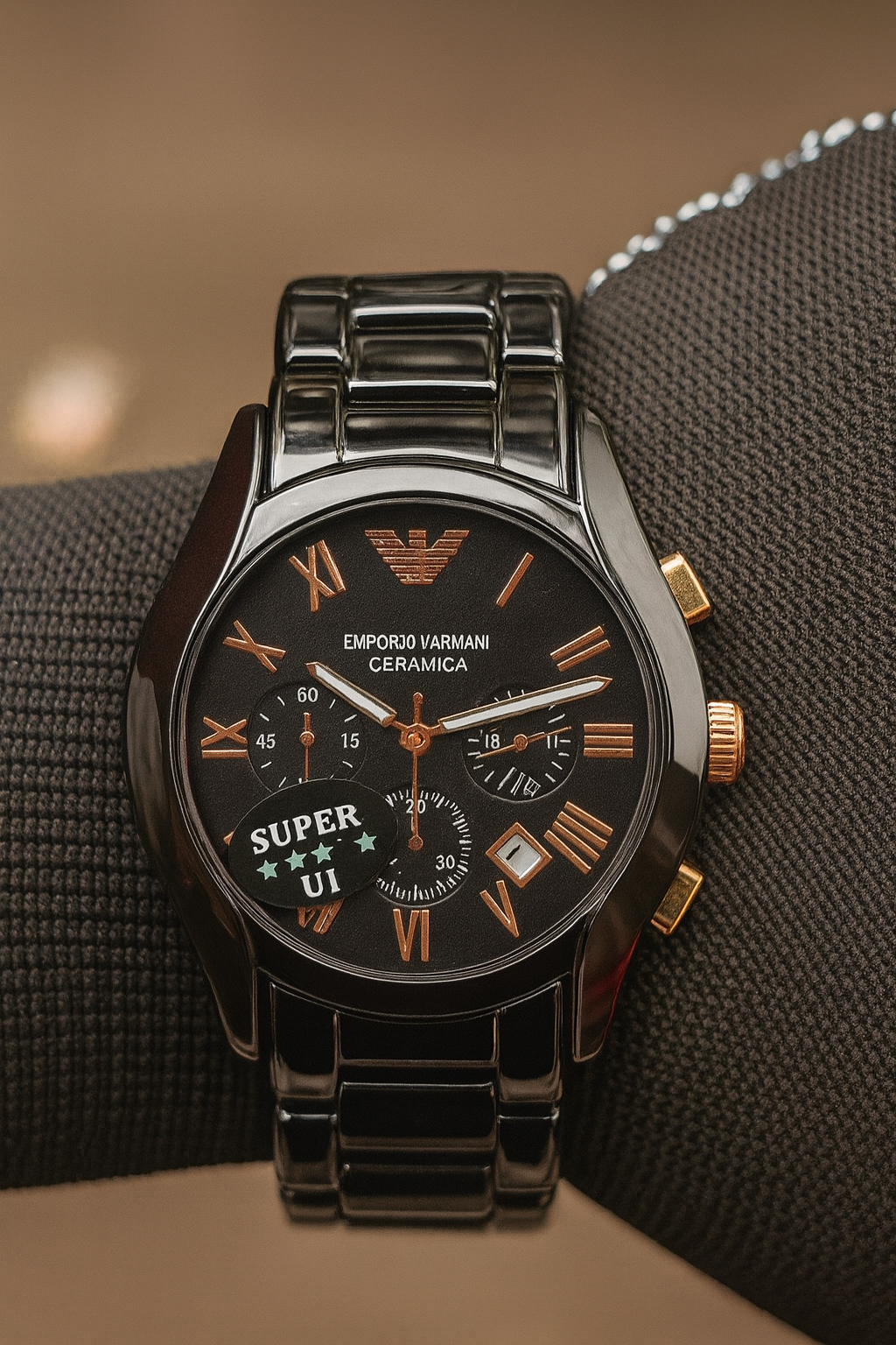 Armani Luxury Black Ceramic Chronograph Watch – Rose Gold Accents | Premium Design