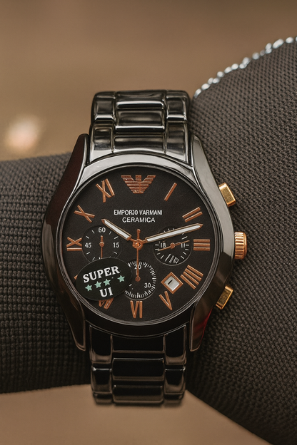 Armani Luxury Black Ceramic Chronograph Watch – Rose Gold Accents | Premium Design