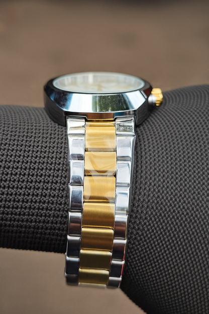 BASILES Luxury Two-Tone Chronograph Watch – Gold & Silver Stainless Steel | White Dial