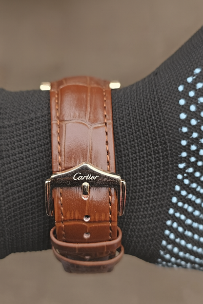 Cartier Luxury Skeleton Dial Mechanical Watch – Gold Case & Brown Leather Strap