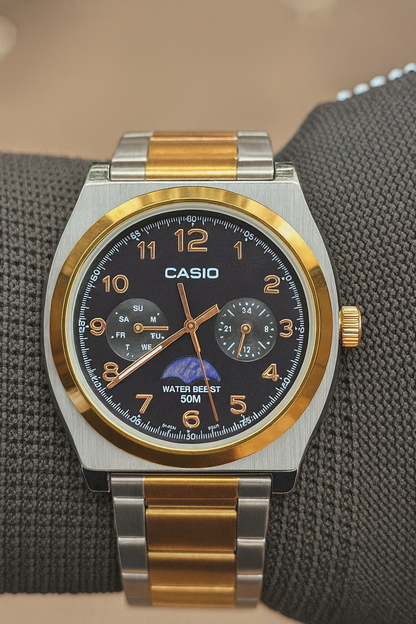 Casio Two-Tone Stainless Steel Analog Watch – Multi-Function Dial | 50M Water-Resistant