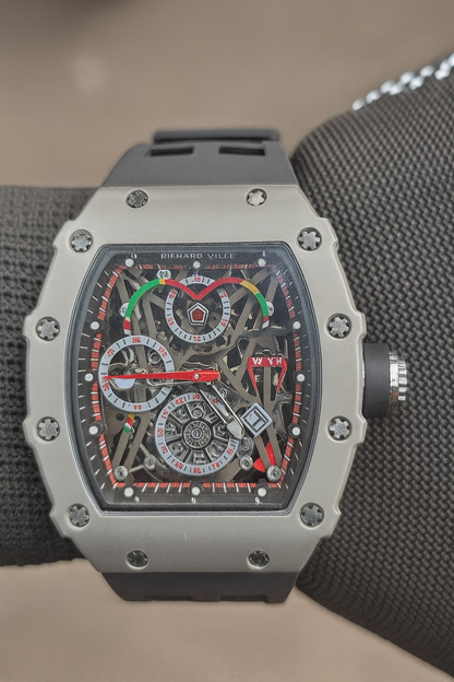 RICHARD VILLE Luxury Skeleton Sports Watch – Tonneau Case | Multi-Function Premium Design