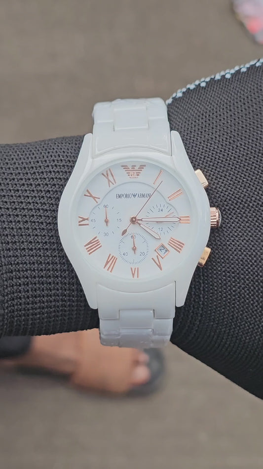 Armani Luxury White Ceramic Chronograph Watch – Rose Gold Accents | Premium Design