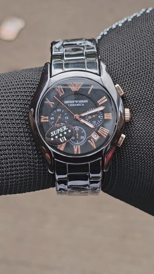 Armani Luxury Black Ceramic Chronograph Watch – Rose Gold Accents | Premium Design