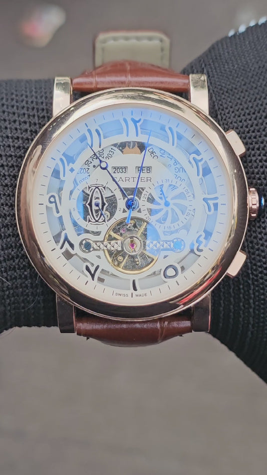 Cartier Luxury Skeleton Dial Mechanical Watch – Gold Case & Brown Leather Strap