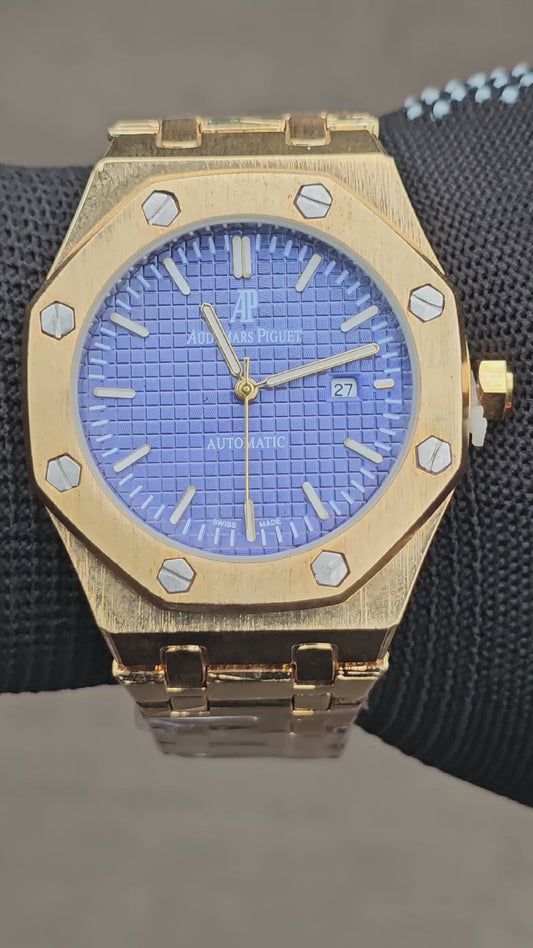 Audemars Piguet Luxury Gold Automatic Watch – Blue Textured Dial | Premium Stainless Steel