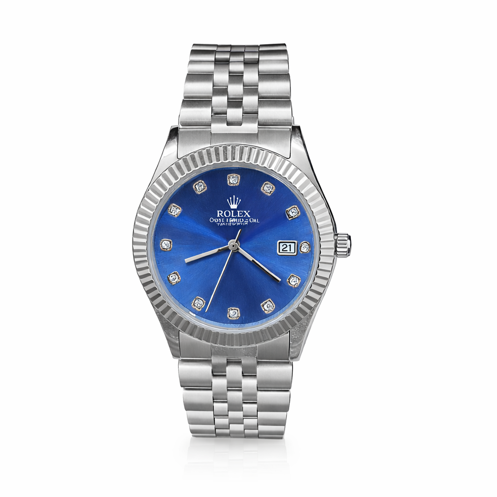 RLX Premium Silver Watch – Blue Dial | Diamond-Style Markers | Luxury Finish