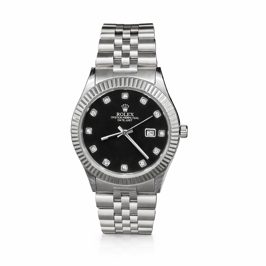 RLX Premium Silver Steel Watch – Black Dial | Diamond-Style Markers | Luxury Finish