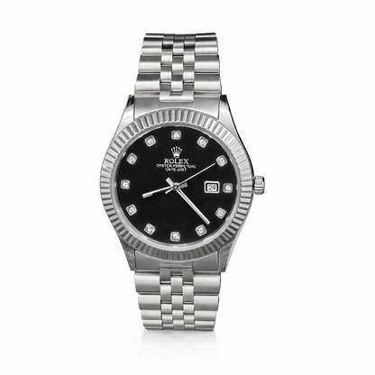 RLX Premium Silver Steel Watch – Black Dial | Diamond-Style Markers | Luxury Finish